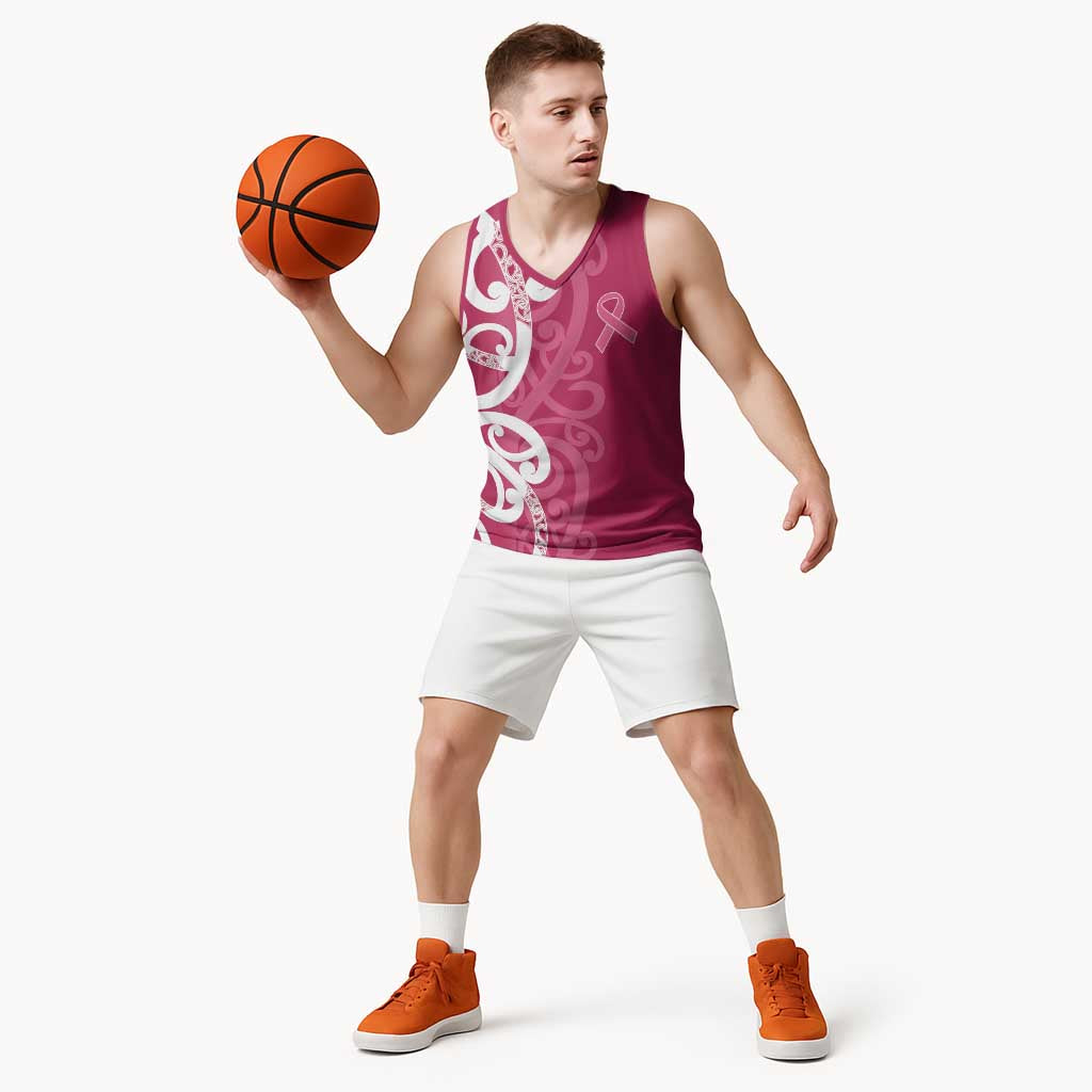 Breast Cancer Awareness Maori Basketball Jersey Koru Kowhaiwhai - Polynesian Pride