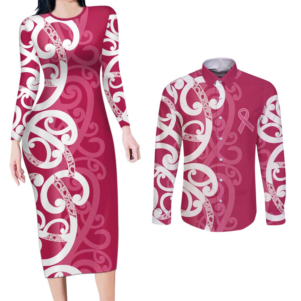 Breast Cancer Awareness Maori Couples Matching Long Sleeve Bodycon Dress and Long Sleeve Button Shirt Koru Kowhaiwhai LT7 Pink - Polynesian Pride