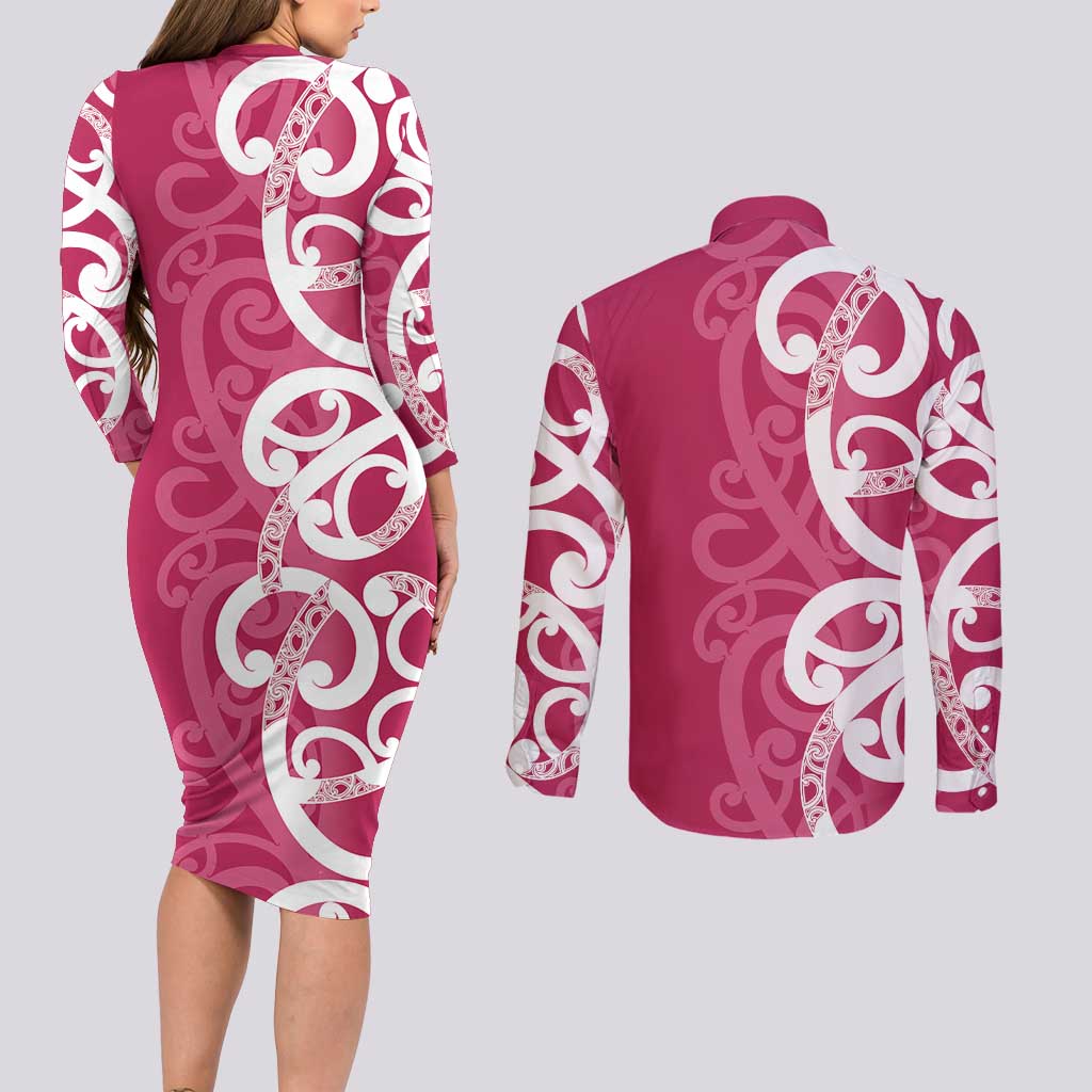 Breast Cancer Awareness Maori Couples Matching Long Sleeve Bodycon Dress and Long Sleeve Button Shirt Koru Kowhaiwhai LT7 - Polynesian Pride