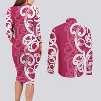 Breast Cancer Awareness Maori Couples Matching Long Sleeve Bodycon Dress and Long Sleeve Button Shirt Koru Kowhaiwhai LT7 - Polynesian Pride