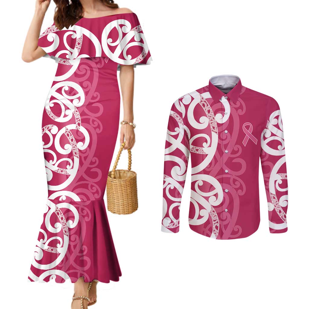 Breast Cancer Awareness Maori Couples Matching Mermaid Dress and Long Sleeve Button Shirt Koru Kowhaiwhai LT7 Pink - Polynesian Pride