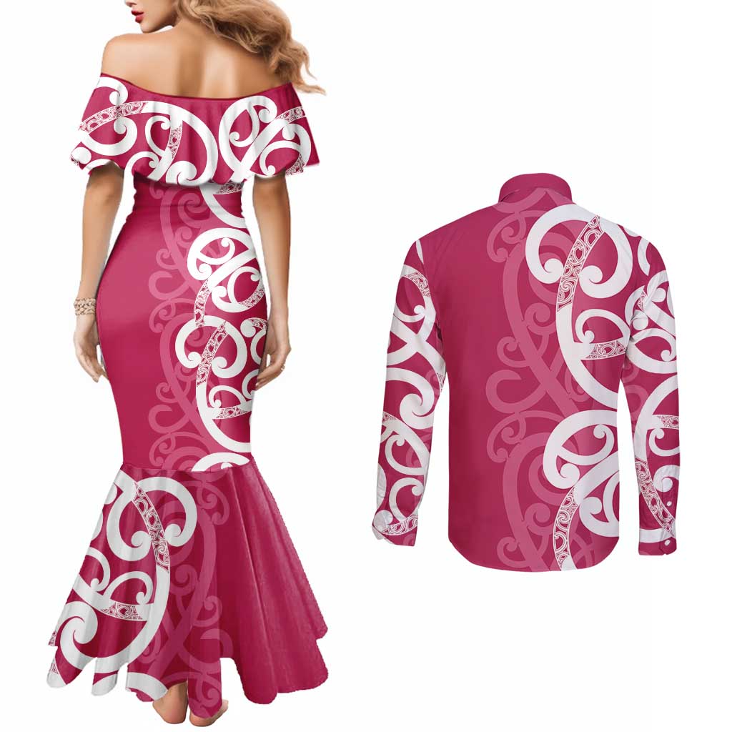 Breast Cancer Awareness Maori Couples Matching Mermaid Dress and Long Sleeve Button Shirt Koru Kowhaiwhai LT7 - Polynesian Pride