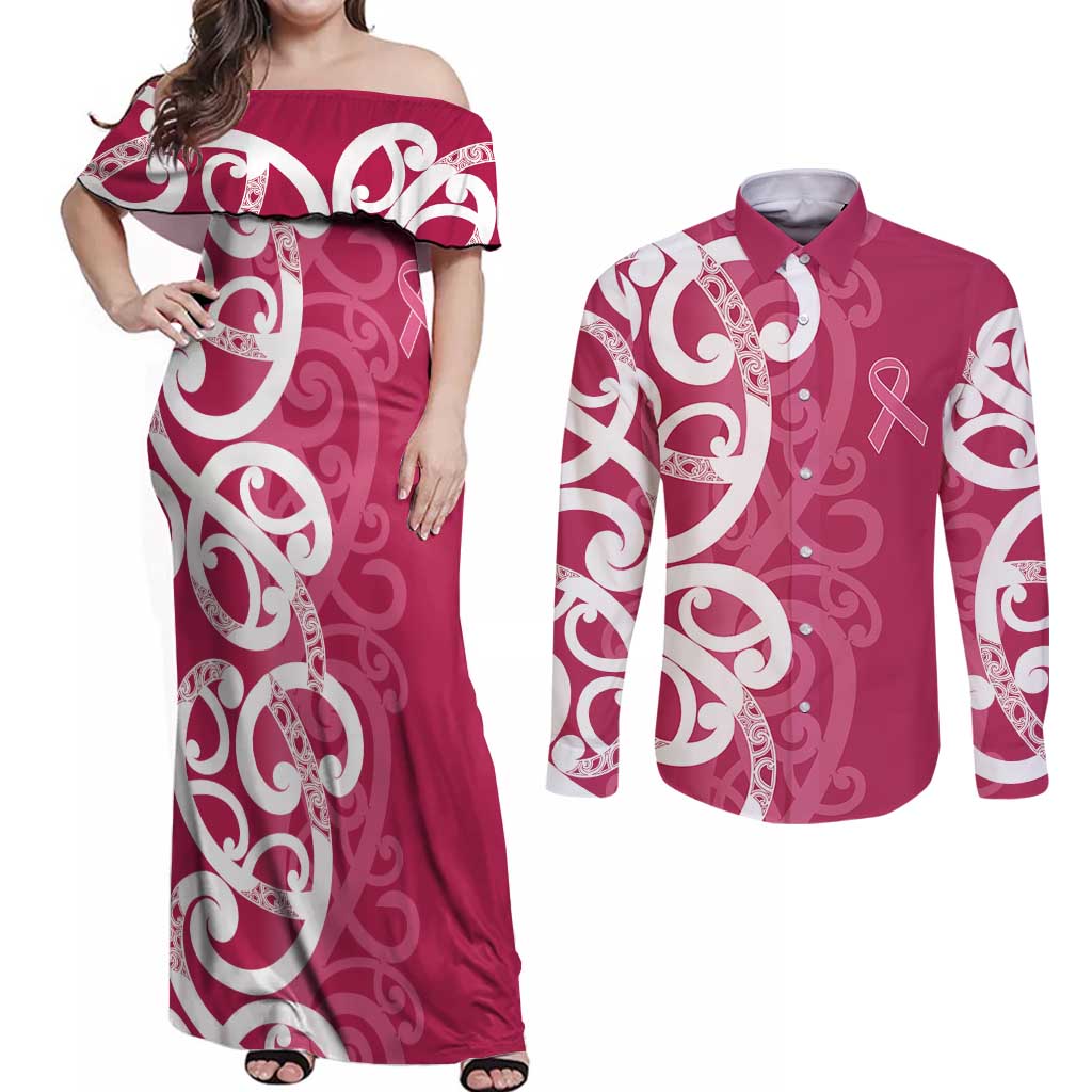 Breast Cancer Awareness Maori Couples Matching Off Shoulder Maxi Dress and Long Sleeve Button Shirt Koru Kowhaiwhai LT7 Pink - Polynesian Pride