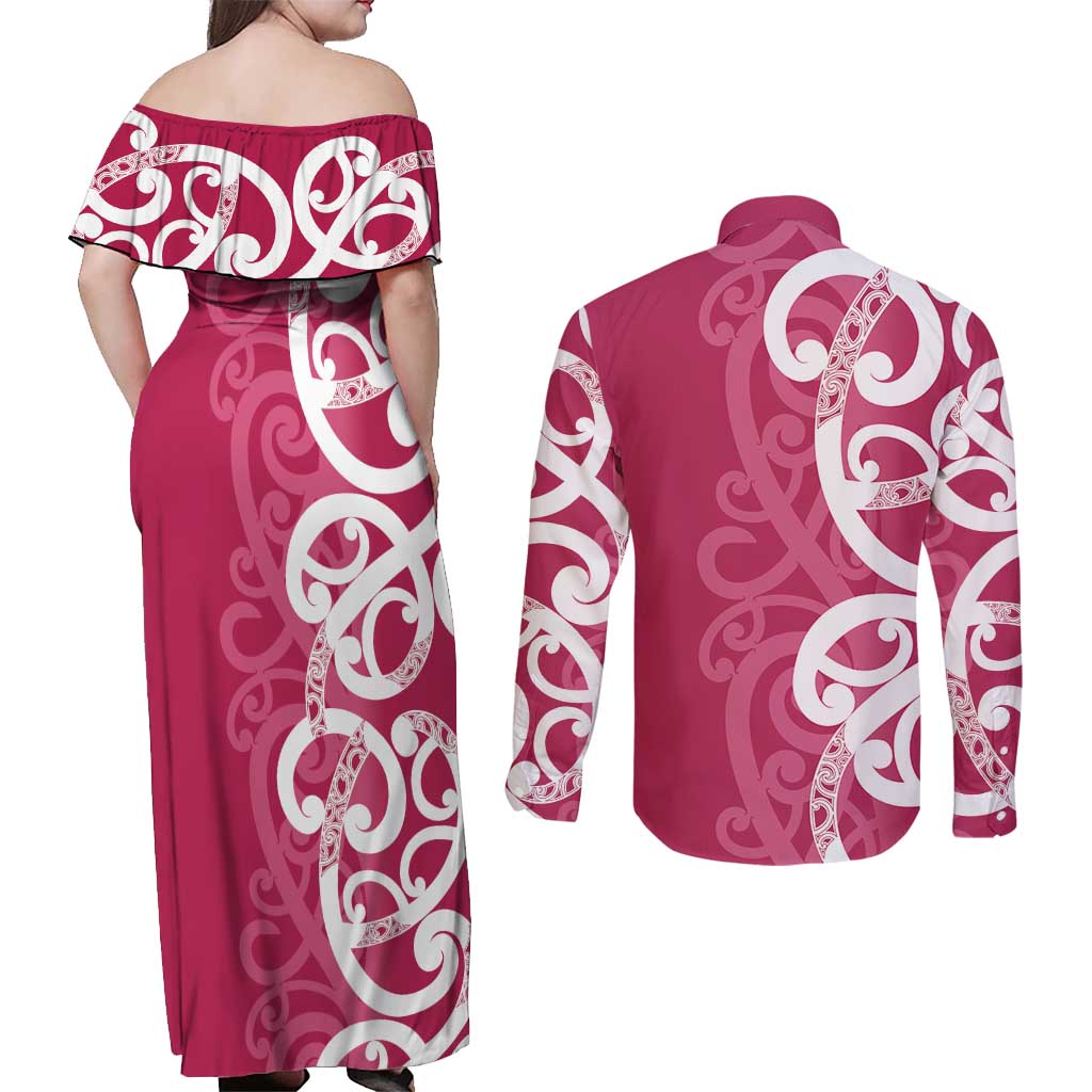 Breast Cancer Awareness Maori Couples Matching Off Shoulder Maxi Dress and Long Sleeve Button Shirt Koru Kowhaiwhai LT7 - Polynesian Pride