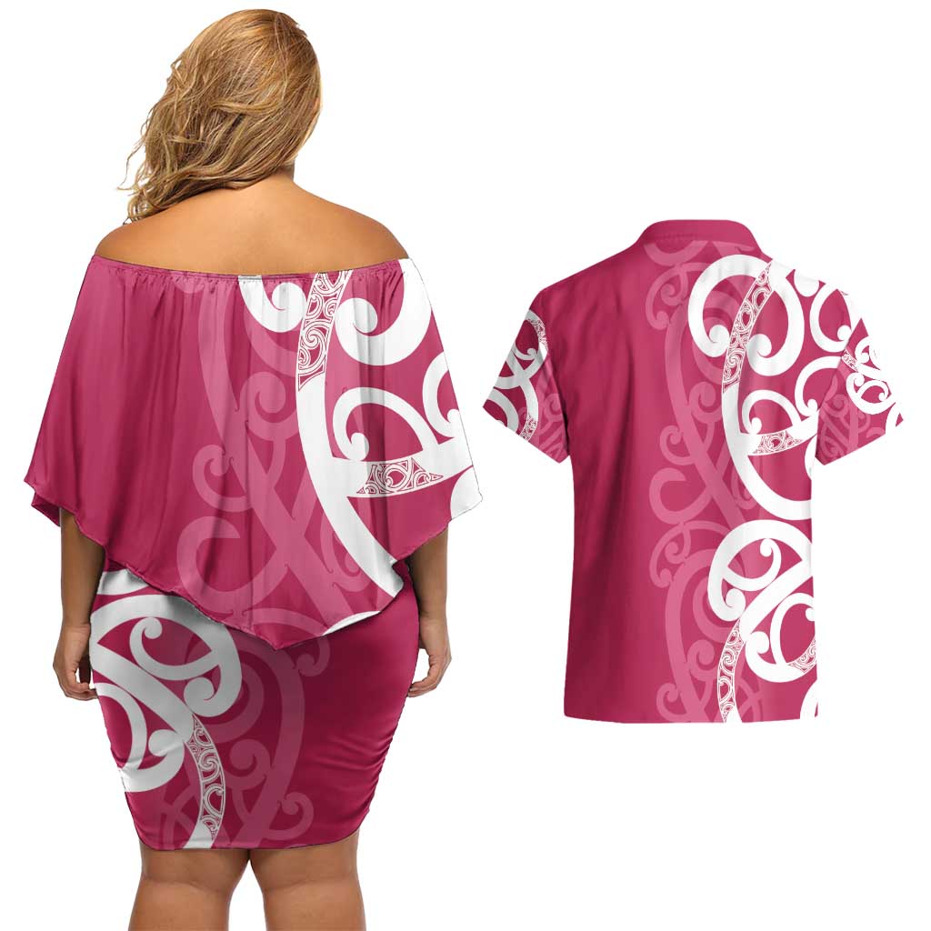 Breast Cancer Awareness Maori Couples Matching Off Shoulder Short Dress and Hawaiian Shirt Koru Kowhaiwhai LT7 - Polynesian Pride