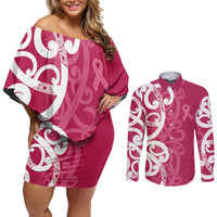 Breast Cancer Awareness Maori Couples Matching Off Shoulder Short Dress and Long Sleeve Button Shirt Koru Kowhaiwhai LT7 Pink - Polynesian Pride