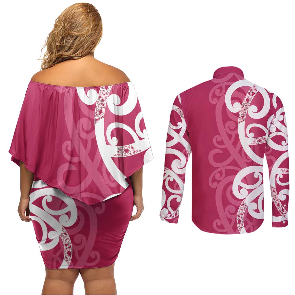 Breast Cancer Awareness Maori Couples Matching Off Shoulder Short Dress and Long Sleeve Button Shirt Koru Kowhaiwhai LT7 - Polynesian Pride