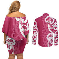 Breast Cancer Awareness Maori Couples Matching Off Shoulder Short Dress and Long Sleeve Button Shirt Koru Kowhaiwhai LT7 - Polynesian Pride