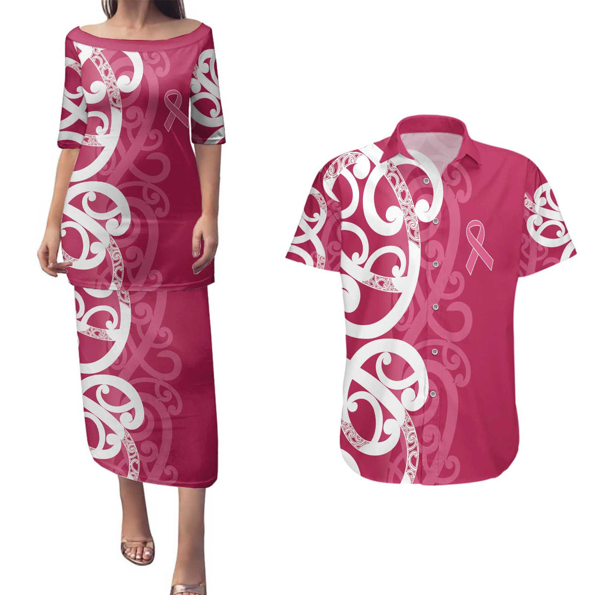 Breast Cancer Awareness Maori Couples Matching Puletasi and Hawaiian Shirt Koru Kowhaiwhai LT7 Pink - Polynesian Pride