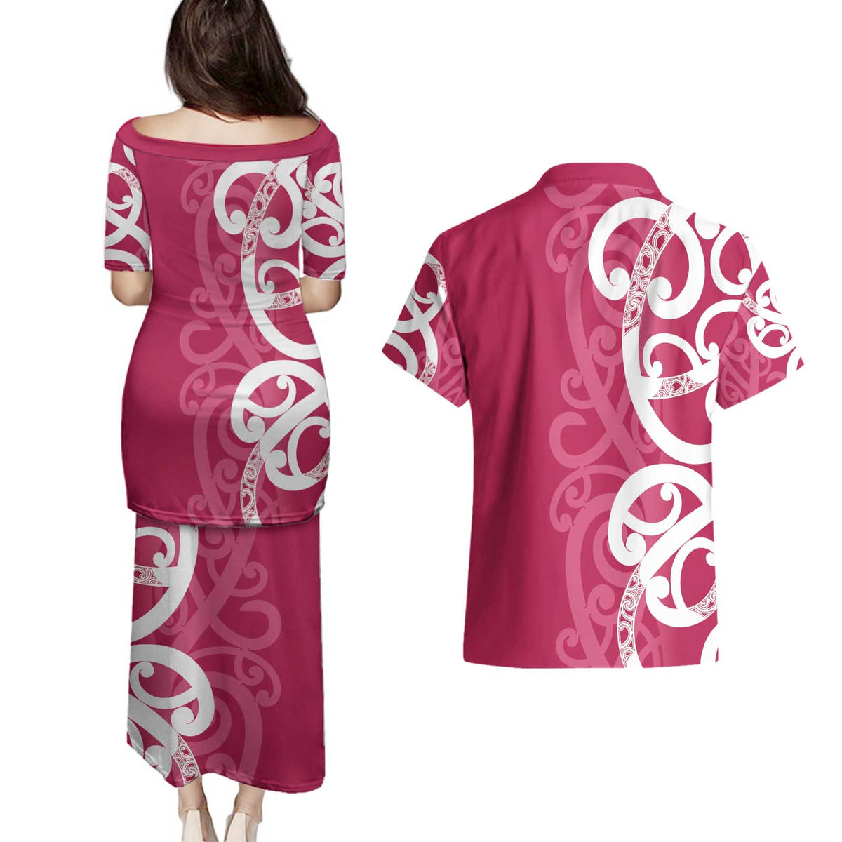 Breast Cancer Awareness Maori Couples Matching Puletasi and Hawaiian Shirt Koru Kowhaiwhai LT7 - Polynesian Pride