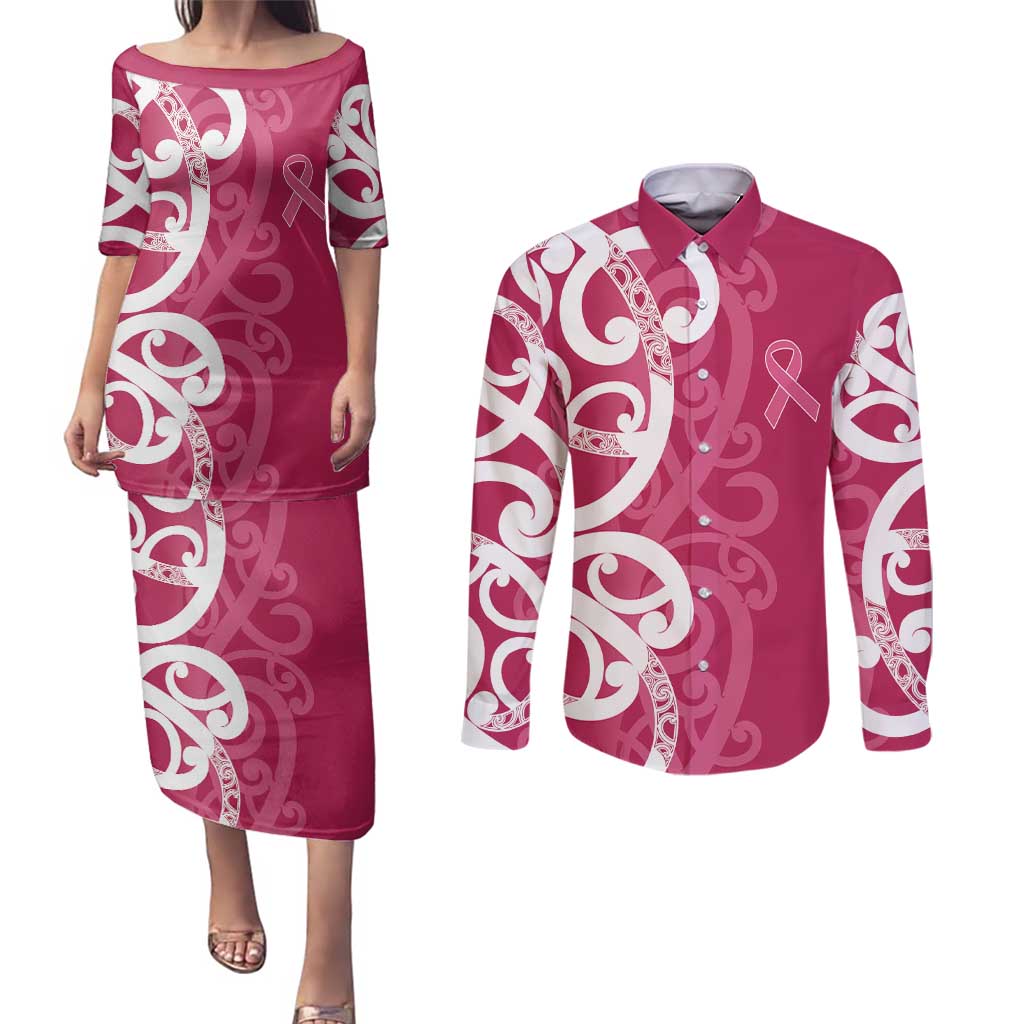 Breast Cancer Awareness Maori Couples Matching Puletasi and Long Sleeve Button Shirt Koru Kowhaiwhai LT7 Pink - Polynesian Pride