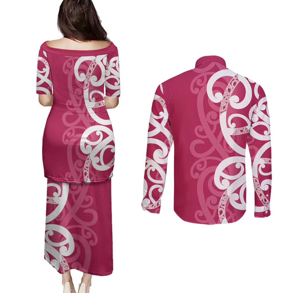 Breast Cancer Awareness Maori Couples Matching Puletasi and Long Sleeve Button Shirt Koru Kowhaiwhai LT7 - Polynesian Pride