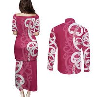 Breast Cancer Awareness Maori Couples Matching Puletasi and Long Sleeve Button Shirt Koru Kowhaiwhai LT7 - Polynesian Pride
