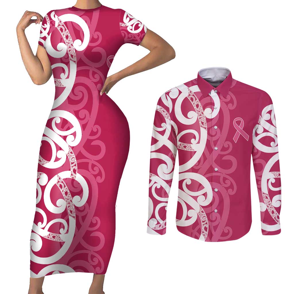 Breast Cancer Awareness Maori Couples Matching Short Sleeve Bodycon Dress and Long Sleeve Button Shirt Koru Kowhaiwhai LT7 Pink - Polynesian Pride