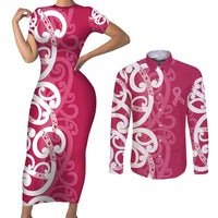 Breast Cancer Awareness Maori Couples Matching Short Sleeve Bodycon Dress and Long Sleeve Button Shirt Koru Kowhaiwhai LT7 Pink - Polynesian Pride