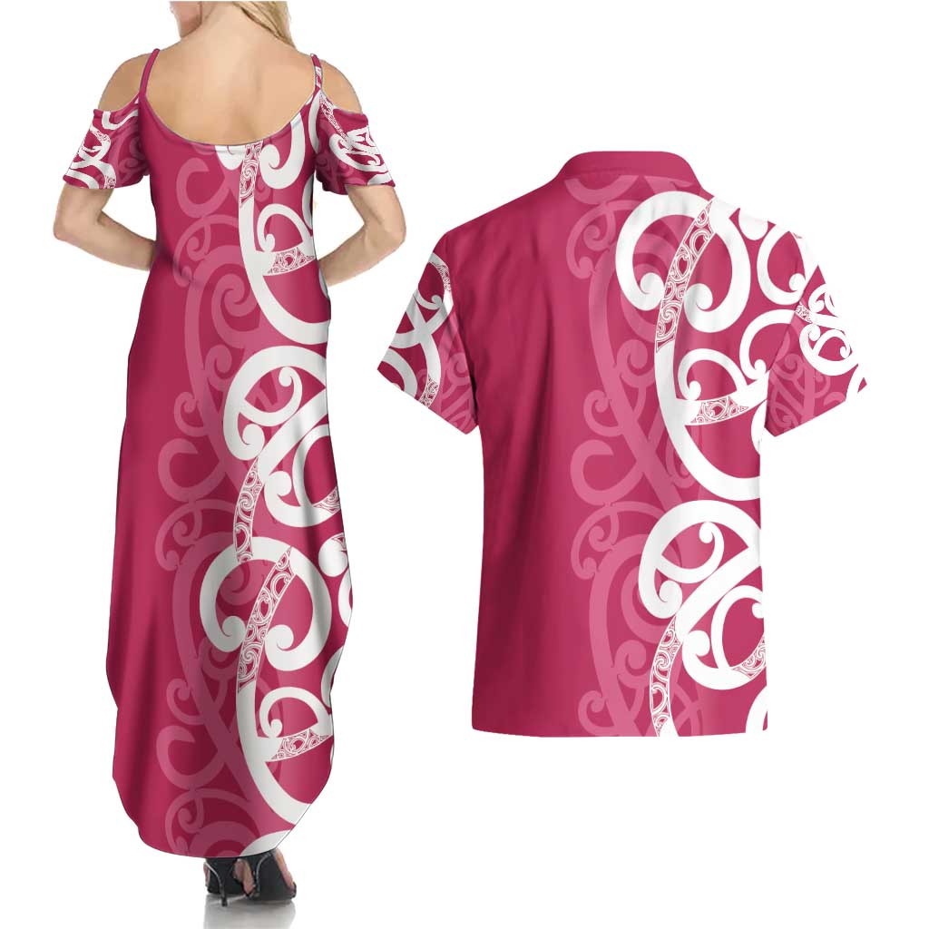 Breast Cancer Awareness Maori Couples Matching Summer Maxi Dress and Hawaiian Shirt Koru Kowhaiwhai LT7 - Polynesian Pride