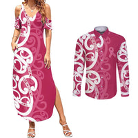 Breast Cancer Awareness Maori Couples Matching Summer Maxi Dress and Long Sleeve Button Shirt Koru Kowhaiwhai LT7 Pink - Polynesian Pride