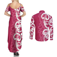 Breast Cancer Awareness Maori Couples Matching Summer Maxi Dress and Long Sleeve Button Shirt Koru Kowhaiwhai LT7 - Polynesian Pride