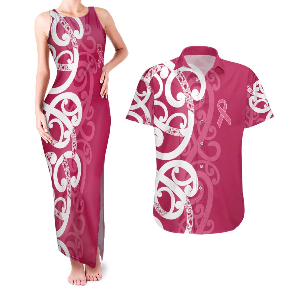 Breast Cancer Awareness Maori Couples Matching Tank Maxi Dress and Hawaiian Shirt Koru Kowhaiwhai LT7 Pink - Polynesian Pride