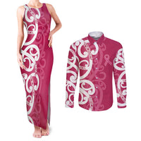 Breast Cancer Awareness Maori Couples Matching Tank Maxi Dress and Long Sleeve Button Shirt Koru Kowhaiwhai LT7 Pink - Polynesian Pride