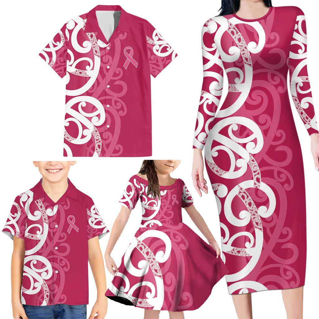 Breast Cancer Awareness Maori Family Matching Long Sleeve Bodycon Dress and Hawaiian Shirt Koru Kowhaiwhai LT7 - Polynesian Pride