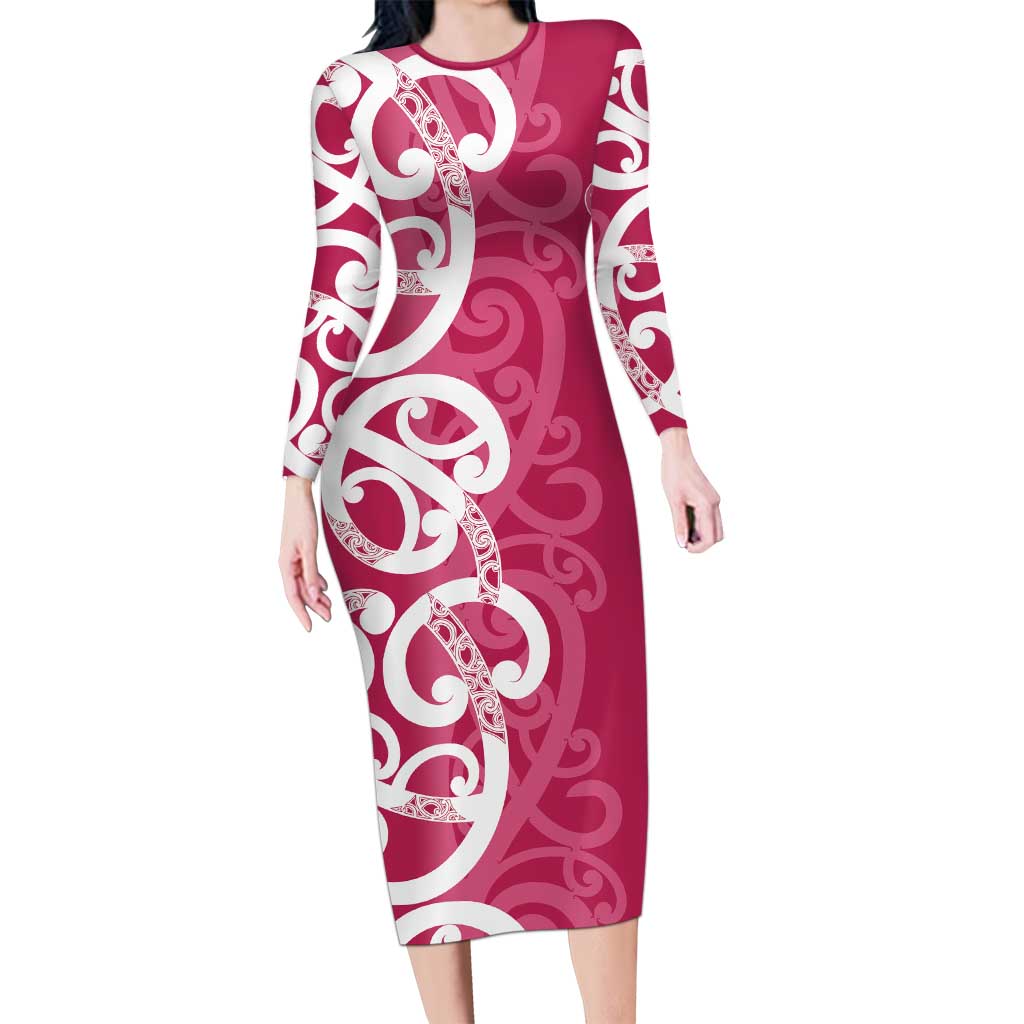 Breast Cancer Awareness Maori Family Matching Long Sleeve Bodycon Dress and Hawaiian Shirt Koru Kowhaiwhai LT7 Mom's Dress Pink - Polynesian Pride