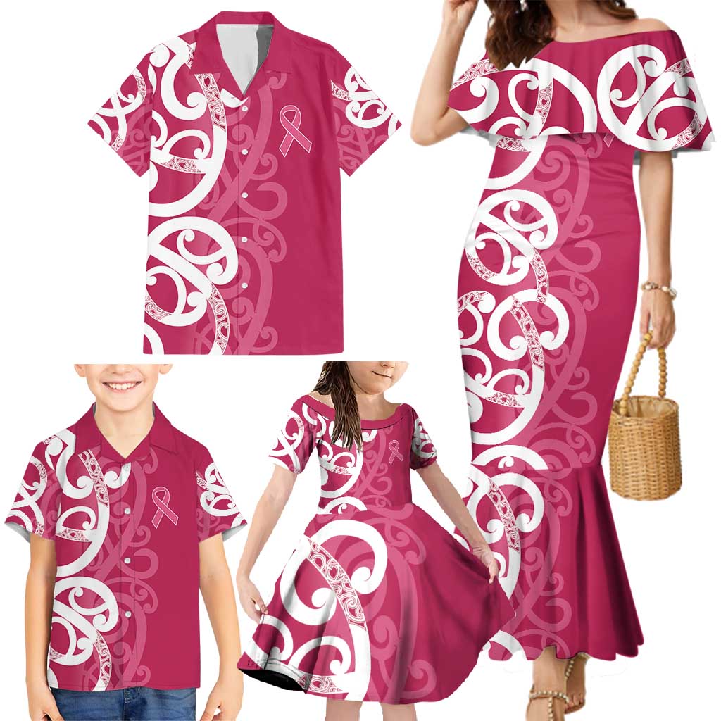 Breast Cancer Awareness Maori Family Matching Mermaid Dress and Hawaiian Shirt Koru Kowhaiwhai LT7 - Polynesian Pride