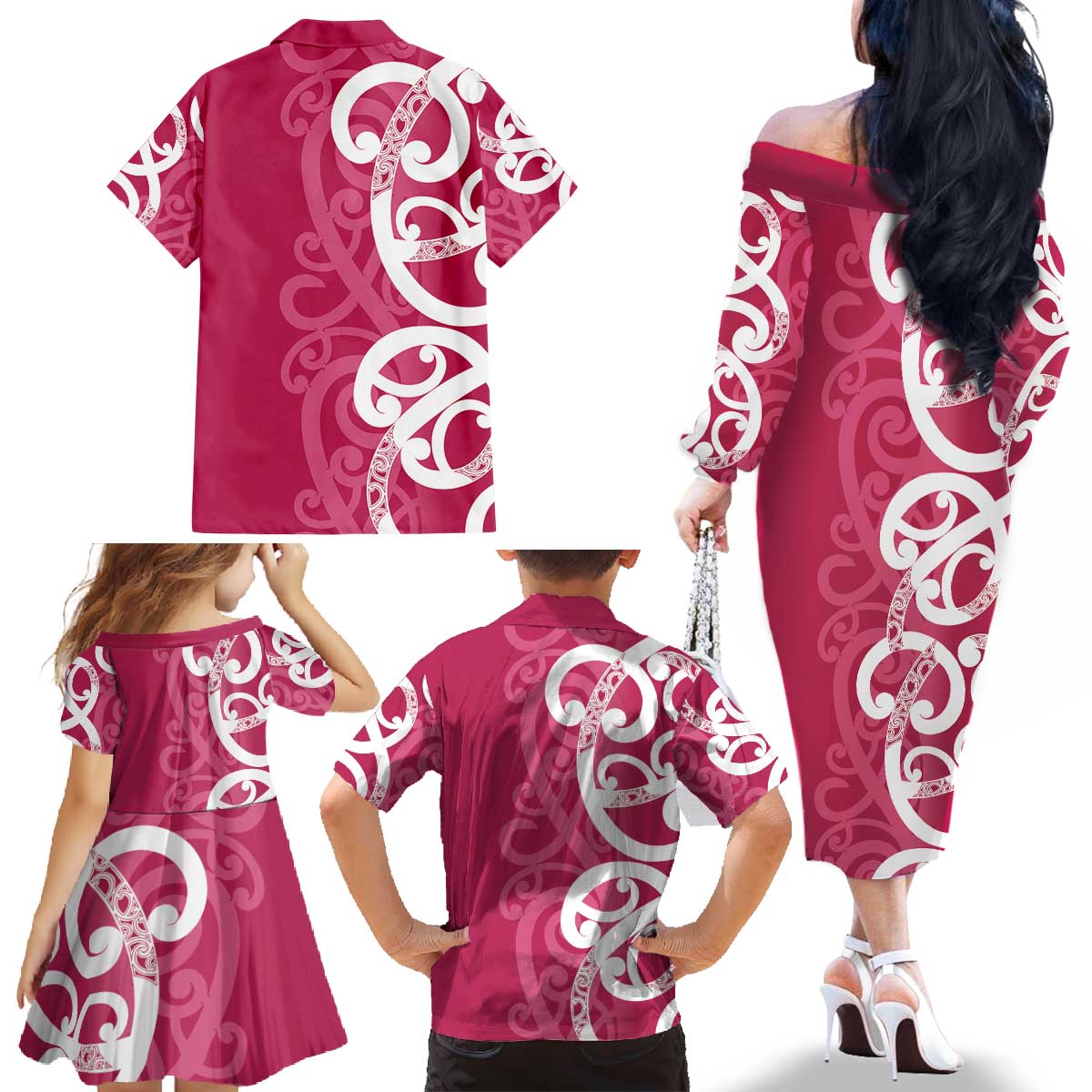 Breast Cancer Awareness Maori Family Matching Off The Shoulder Long Sleeve Dress and Hawaiian Shirt Koru Kowhaiwhai LT7 - Polynesian Pride