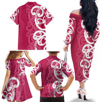 Breast Cancer Awareness Maori Family Matching Off The Shoulder Long Sleeve Dress and Hawaiian Shirt Koru Kowhaiwhai LT7 - Polynesian Pride