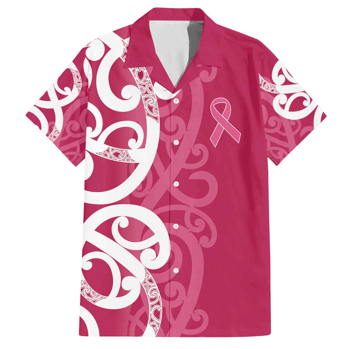 Breast Cancer Awareness Maori Family Matching Off The Shoulder Long Sleeve Dress and Hawaiian Shirt Koru Kowhaiwhai LT7 Dad's Shirt - Short Sleeve Pink - Polynesian Pride
