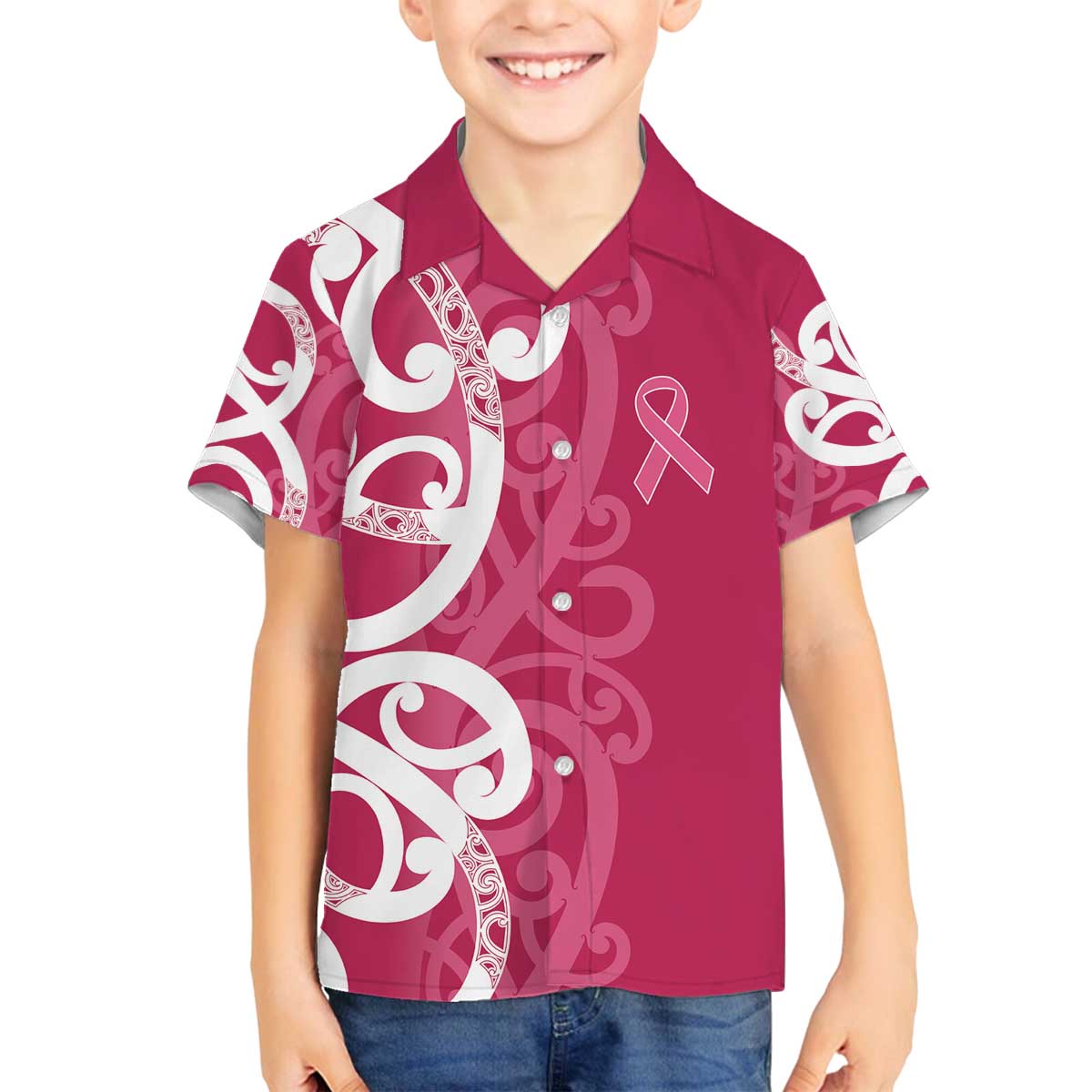 Breast Cancer Awareness Maori Family Matching Off The Shoulder Long Sleeve Dress and Hawaiian Shirt Koru Kowhaiwhai LT7 Son's Shirt Pink - Polynesian Pride