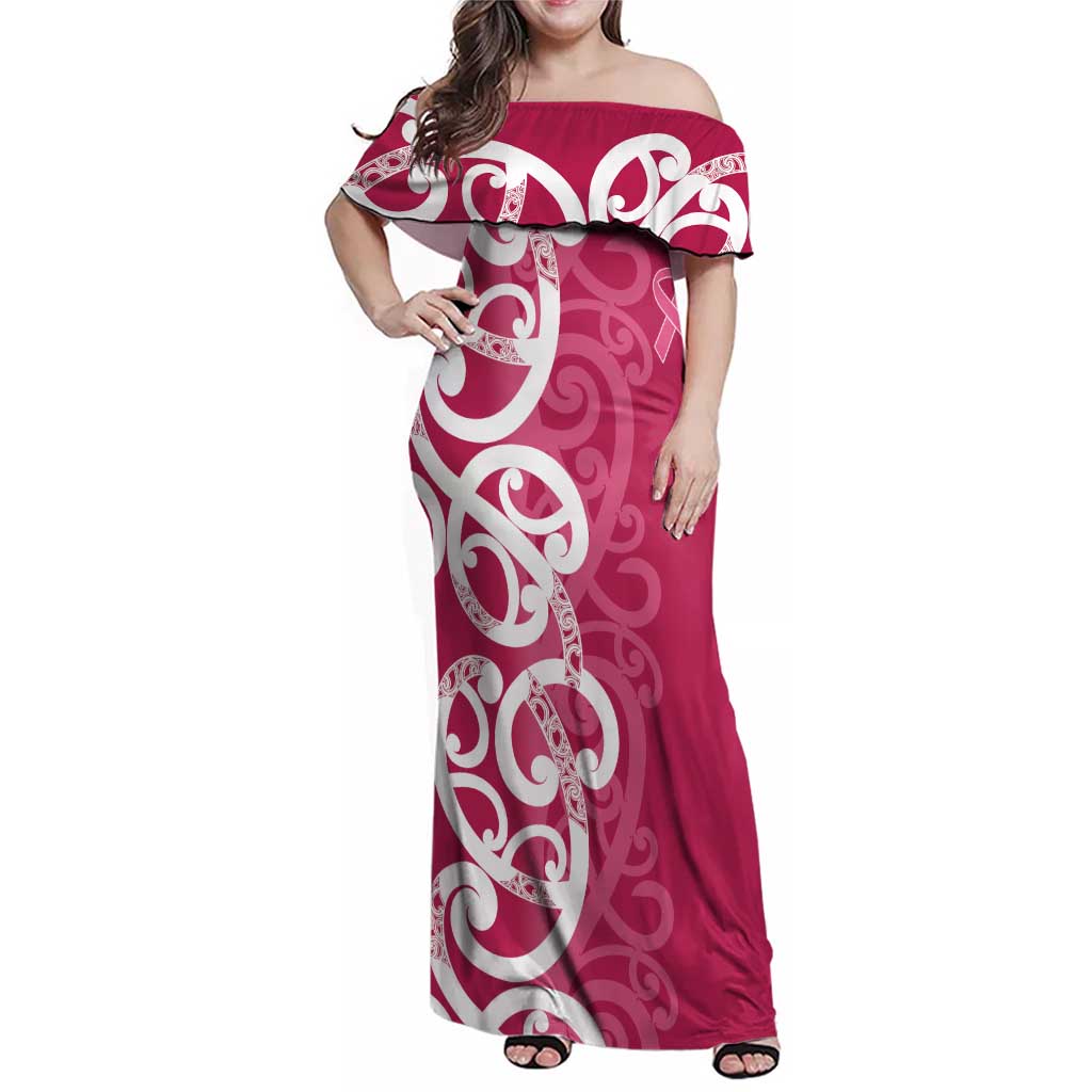 Breast Cancer Awareness Maori Family Matching Off Shoulder Maxi Dress and Hawaiian Shirt Koru Kowhaiwhai LT7 Mom's Dress Pink - Polynesian Pride