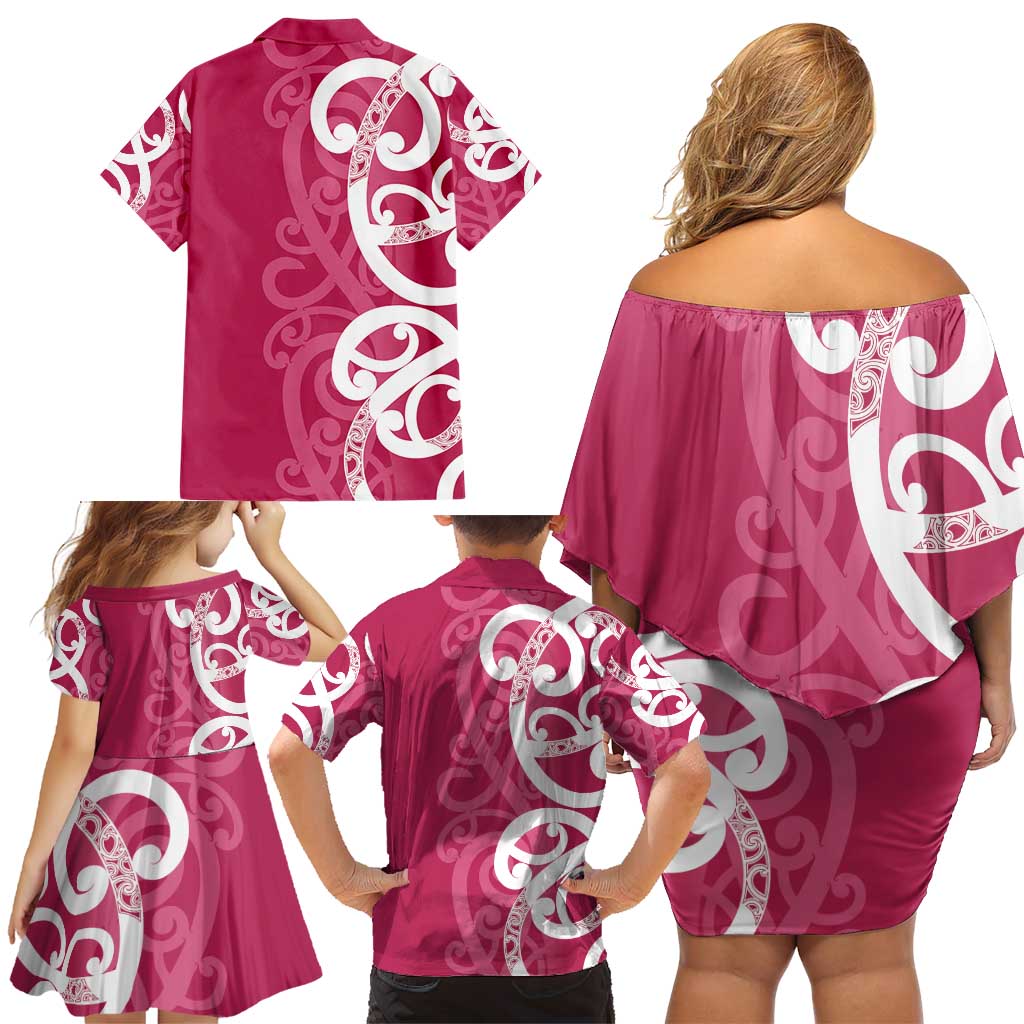 Breast Cancer Awareness Maori Family Matching Off Shoulder Short Dress and Hawaiian Shirt Koru Kowhaiwhai LT7 - Polynesian Pride