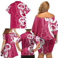 Breast Cancer Awareness Maori Family Matching Off Shoulder Short Dress and Hawaiian Shirt Koru Kowhaiwhai LT7 - Polynesian Pride