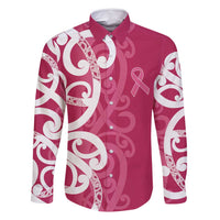 Breast Cancer Awareness Maori Family Matching Off Shoulder Short Dress and Hawaiian Shirt Koru Kowhaiwhai LT7 Dad's Shirt - Long Sleeve Pink - Polynesian Pride