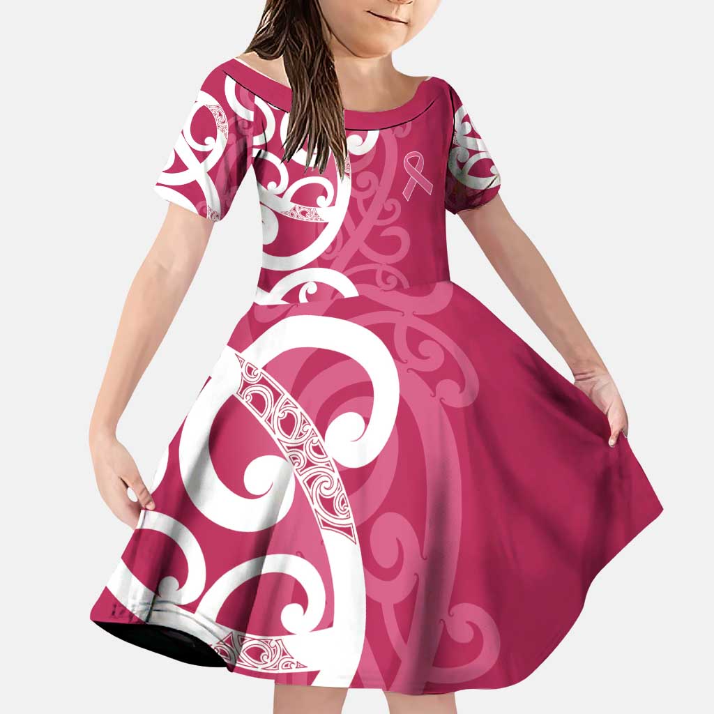 Breast Cancer Awareness Maori Family Matching Puletasi and Hawaiian Shirt Koru Kowhaiwhai LT7 Daughter's Dress Pink - Polynesian Pride