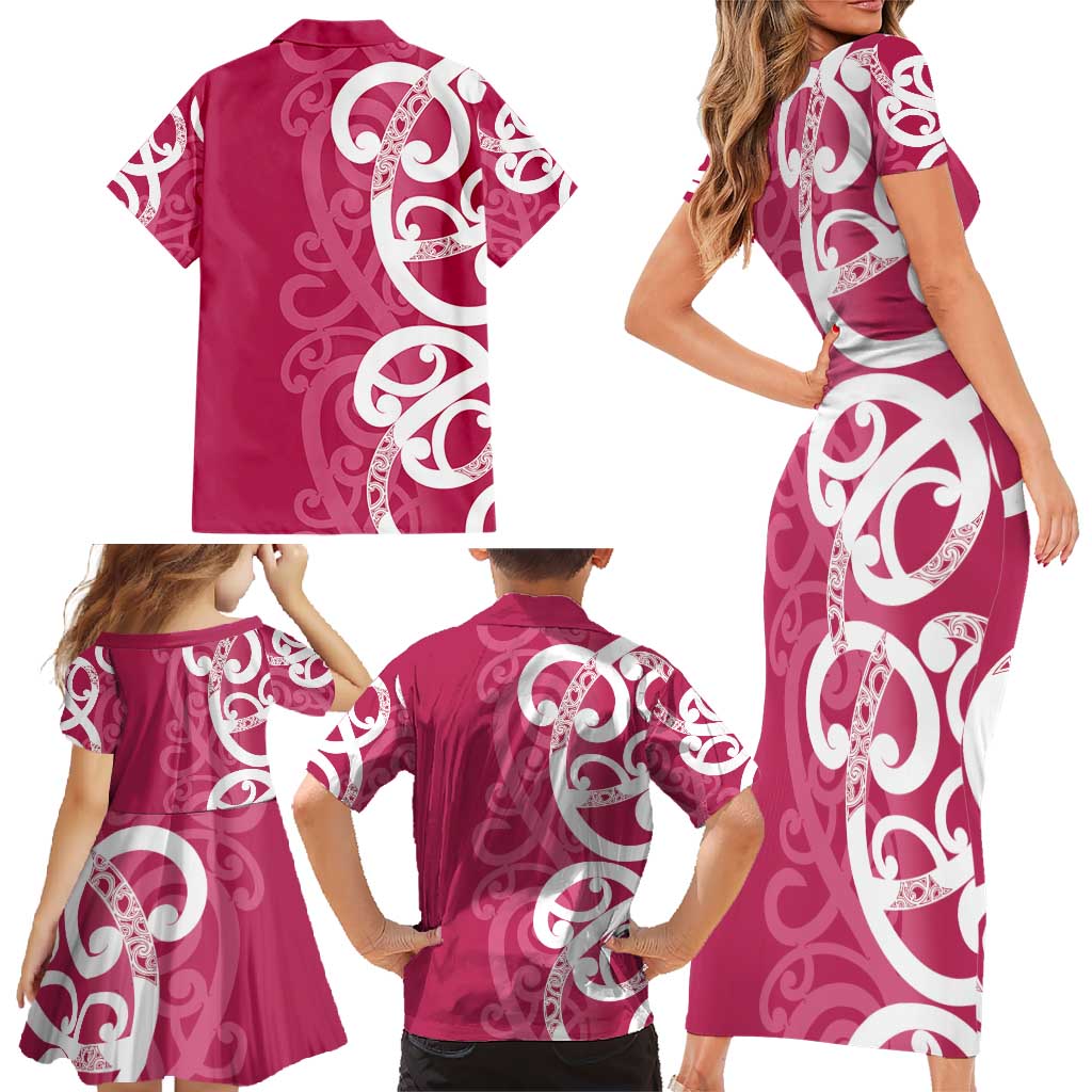 Breast Cancer Awareness Maori Family Matching Short Sleeve Bodycon Dress and Hawaiian Shirt Koru Kowhaiwhai LT7 - Polynesian Pride