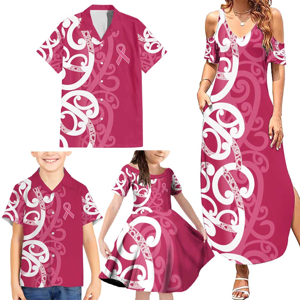 Breast Cancer Awareness Maori Family Matching Summer Maxi Dress and Hawaiian Shirt Koru Kowhaiwhai LT7 - Polynesian Pride