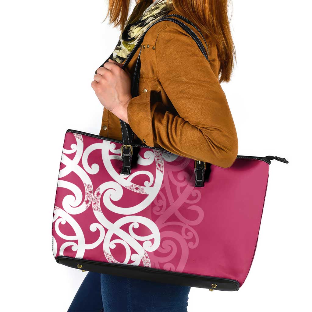 Breast Cancer Awareness Maori Leather Tote Bag Koru Kowhaiwhai - Polynesian Pride