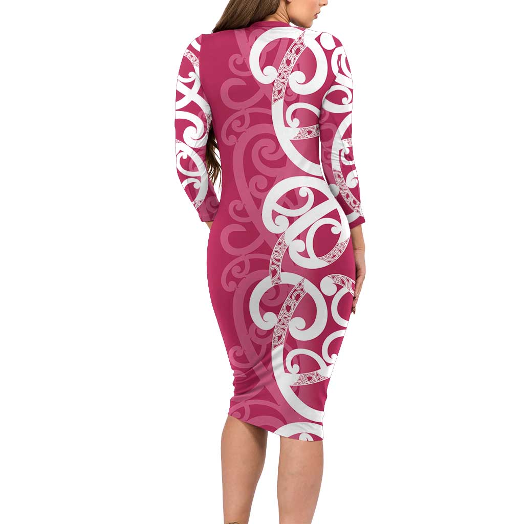 Breast Cancer Awareness Maori Long Sleeve Bodycon Dress Koru Kowhaiwhai LT7 - Polynesian Pride