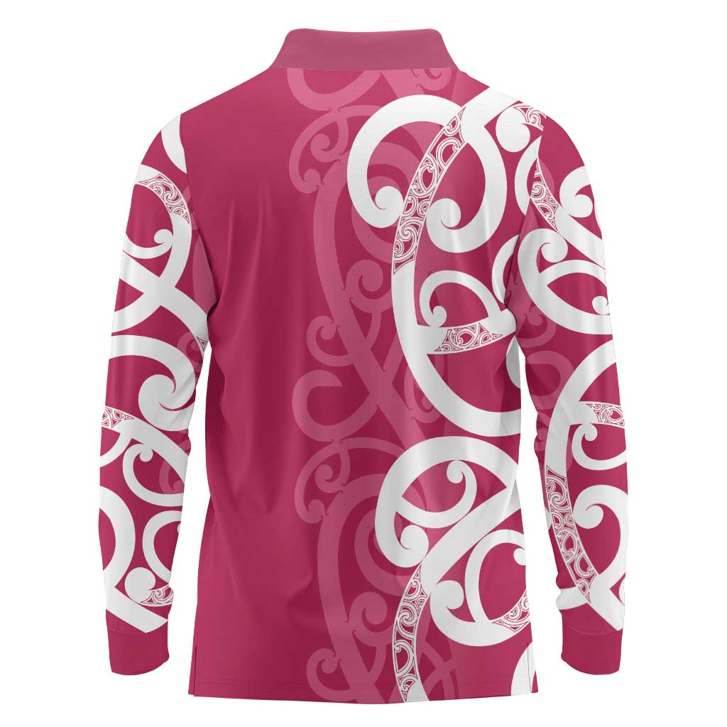 Breast Cancer Awareness Maori Long Sleeve Polo Shirt Koru Kowhaiwhai - Polynesian Pride