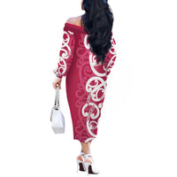 Breast Cancer Awareness Maori Off The Shoulder Long Sleeve Dress Koru Kowhaiwhai LT7 - Polynesian Pride