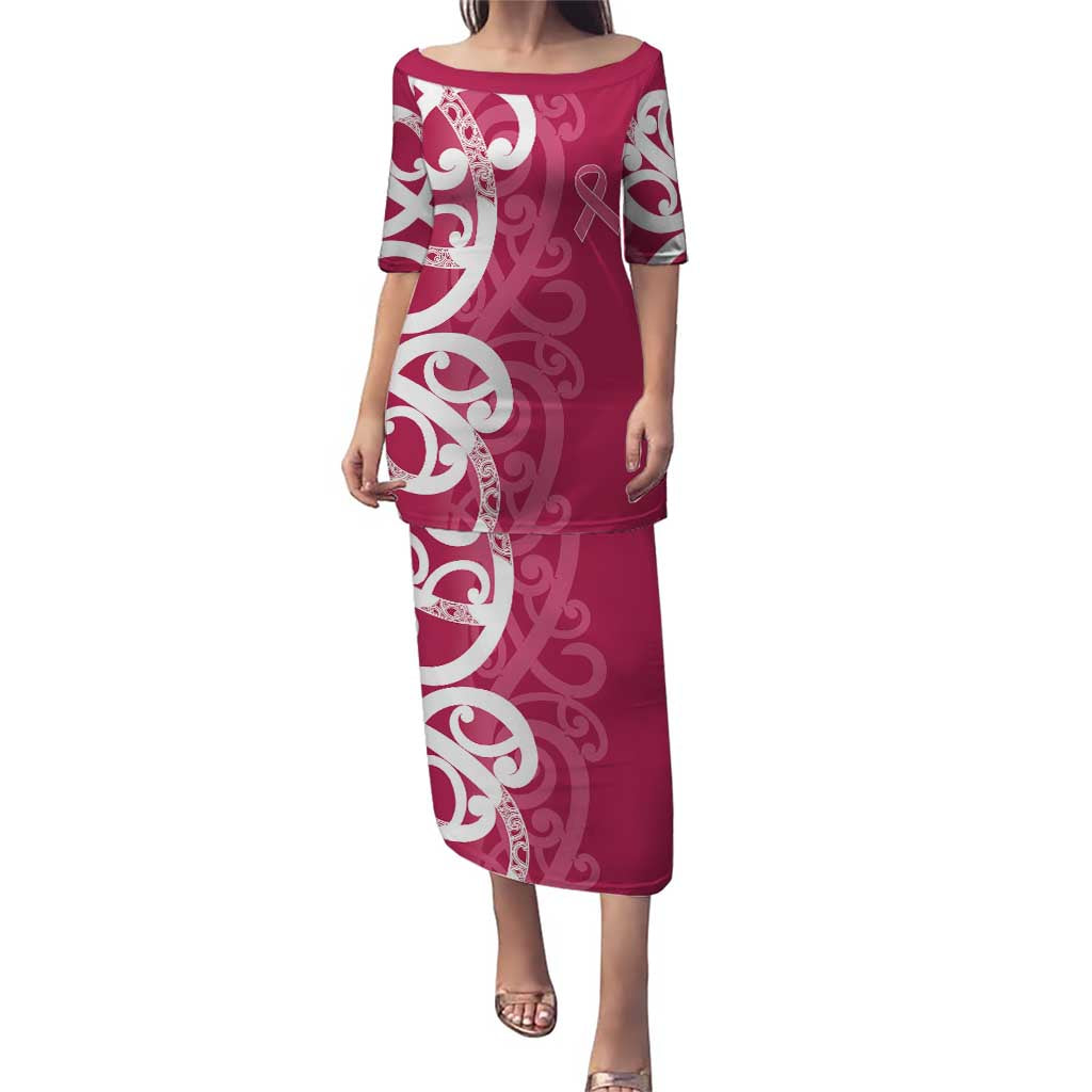 Breast Cancer Awareness Maori Puletasi Koru Kowhaiwhai LT7 Long Dress Pink - Polynesian Pride