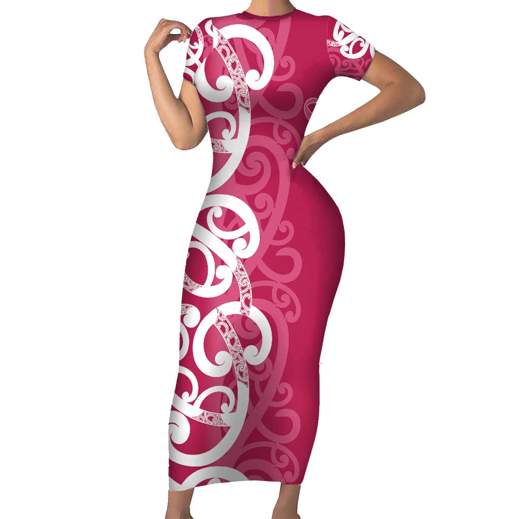Breast Cancer Awareness Maori Short Sleeve Bodycon Dress Koru Kowhaiwhai LT7 Long Dress Pink - Polynesian Pride