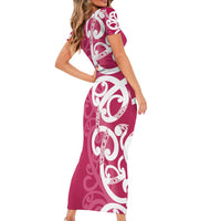 Breast Cancer Awareness Maori Short Sleeve Bodycon Dress Koru Kowhaiwhai LT7 - Polynesian Pride