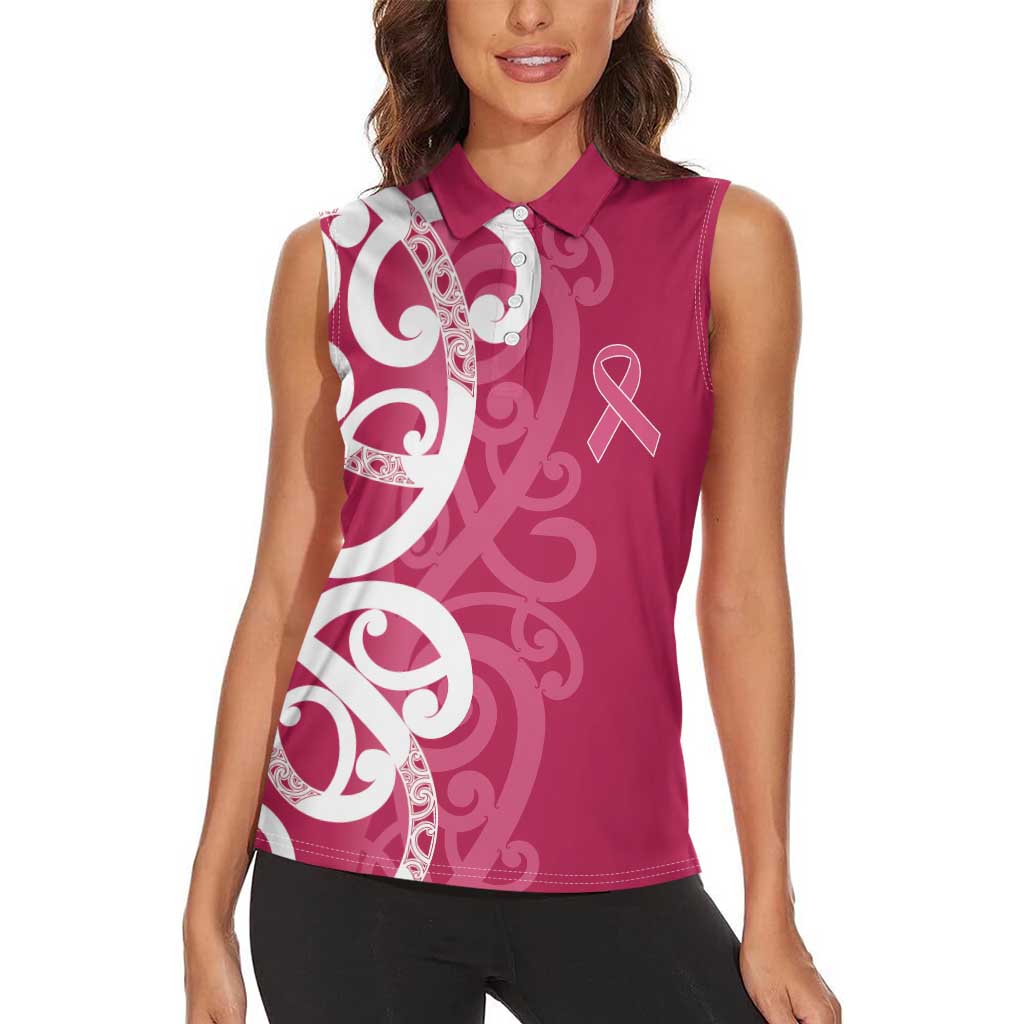 Breast Cancer Awareness Maori Women Sleeveless Polo Shirt Koru Kowhaiwhai LT7 - Polynesian Pride