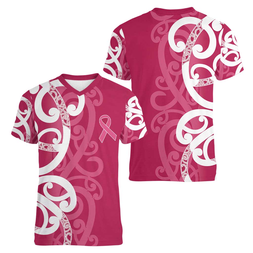 Breast Cancer Awareness Maori Women V-Neck T-Shirt Koru Kowhaiwhai LT7 - Polynesian Pride