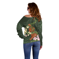 Aloha Hawaii Ipu Gourd Mix Maile Lei Off Shoulder Sweater Sage Green LT7 - Polynesian Pride