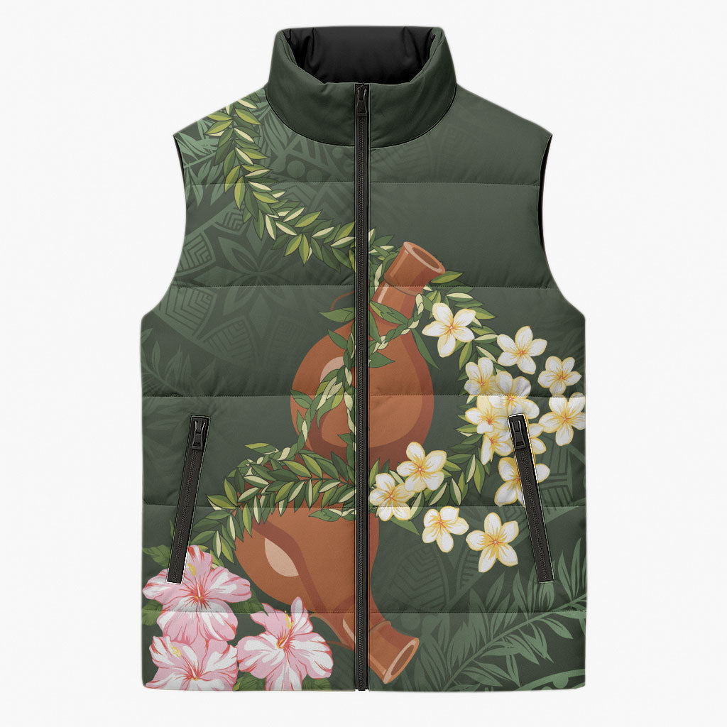 Aloha Hawaii Ipu Gourd Mix Maile Lei Sleeveless Puffer Jacket Sage Green LT7 Unisex Sage Green - Polynesian Pride
