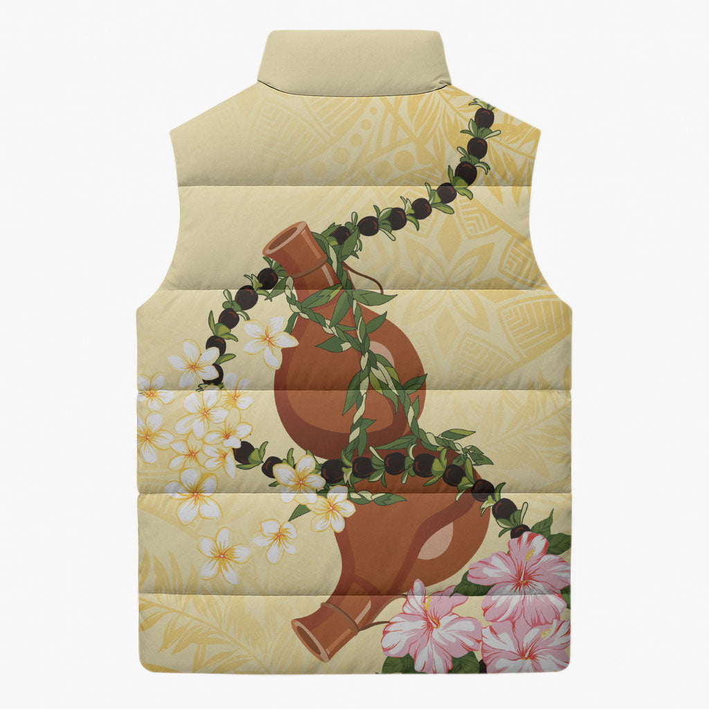 Aloha Hawaii Ipu Gourd Mix Kukui Nut Lei Sleeveless Puffer Jacket Lemon Yellow LT7 - Polynesian Pride